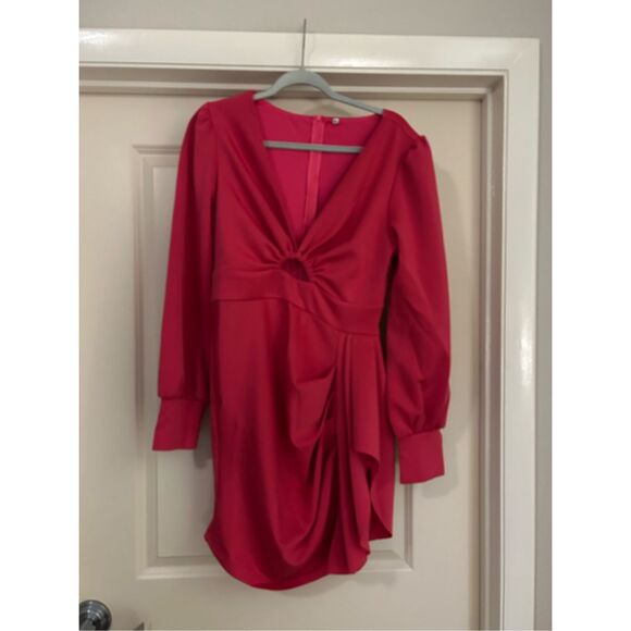 NEW Hot Pink Deep V-Neck Long Sleeve Cutout Bodycon Mini Dress XL - Picture 1 of 7
